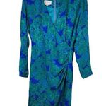 VTG Silk Studio 100% Silk Blue Green Floral Draped Vneck Wrap Front 80s Dress 12 Photo 0