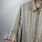 Kate Hill Top Women 2X Plus Size Tan Stripe 100% Linen Button Up Roll Tab Coast Photo 6