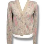 JILL Pastel Oatmeal Light Pink Parrot Animal Print Knit Cropped Cardigan Sweater Tan Photo 15
