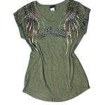 Harley Davidson Womens Shirt Olive Green Rhinestone Studded Wings M Size M Photo 1