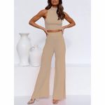 Artfree Two Piece Ribbed Knit Crop and Palazzo Pant Tan Size M Photo 1