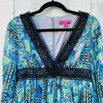 Betsey Johnson  Midi‎ Dress Womens 2 Blue Aztec Lined Lace Trim Zip up Back Photo 3