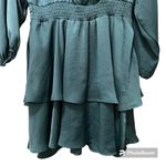 ZARA NWT  Teal Long Sleeve Satin Mini Dress Elastic Waist Ruffled Hem V-Neck M Photo 6