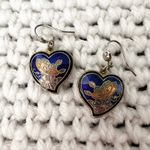 Vintage Unmarked Blue Cloisonne Butterfly Heart Shape Dangle Earrings Pierced Photo 1