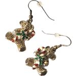 Vintage Christmas Holiday Teddy Bear Enamel Gold Tone Fish Hook Earrings Red Photo 0