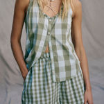 Free People NWT  SUMMER SPICE GINGHAM GREEN SET BOXER TOP BUTTON $98 fall casual Photo 0