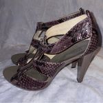 Michael Kors Women’s Berkley Leather Embossed Brown Snakeskin T Strap Zip Heels Photo 4