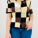 vintage earth tone checkered button down knit sweater top ramie cotton blend S Brown Photo 0