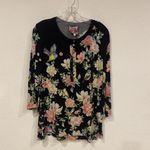 Johnny Was Janie Shirt Womens Small Black Floral Bird Print Henley Tunic Top Photo 1