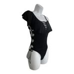 Sexy Black Ruffle One Piece Swimsuit Size M Asymmetric Neck Criss Cross Lace Up Black Size M Photo 3