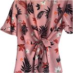 Monteau Women’s Floral Pink Ruffle Sleeve Wrap Tie Front Peplum Style Shirt Size Medium Photo 1