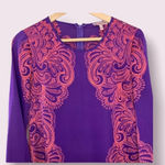 Juicy Couture Shift Dress 3/4 Sleeve Purple Satin Pink Paisley Design Size 2 Photo 4