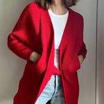 Lovers + Friends Cardigan Ribbed Sweater Red Size Small Heavy knit Midi Pockets Photo 0