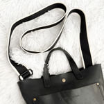 PORTLAND LEATHER GOODS | Black Smooth Leather Mini Crossbody Tote Stripe Strap Photo 2