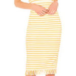 LPA Strapless Bodycon Dress Yellow White Stripe Midi Size Medium Fringe Hem Photo 0