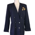 Kasper Vintage 90s Navy Blue Skirt Suit Pleated Double Breasted Collarless 14 Photo 2