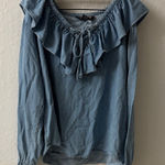 Vintage NY LINE 100% Cotton Denim Ruffle Tie Blouse Large Blue Photo 0
