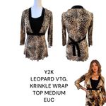 Y2K LEOPARD KRINKLE BOW RIBBON TIE 2000'S VINTAGE BLOUSE TOP MEDIUM‎ Brown Photo 4