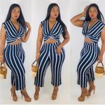 Love Tree 2 Piece Stripe Pant Set w/ Crop Top Size Large. Navy Blue/Cream/White Photo 1