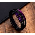 Unisex Handwoven Faux Leather Bracelet with SS Magnetic Clasp Purple Black Photo 1