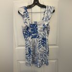 Slate + Willow  Blue & White Palm Print Button Detail Flutter Sleeve Romper Photo 1
