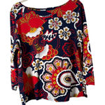 Talbots The  Tee Red Blue Paisley Floral Long Sleeve Shirt Boat Neck Womens XL Photo 0