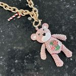 Betsey Johnson NWT Rhinestone Pink Pave Moveable Bear Holiday Necklace Candycane Photo 8