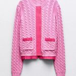 ZARA  Contrast Cable Knit Cardigan Snap Button Pink Size L NEW Photo 2