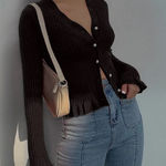 Commense NWT Ruffle Trim Dark Green Ribbed Cardigan Size Small Photo 0