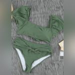 Olive Green 2 Piece Bathing Suit Bubble Sleeve Top High Waisted Belted Bottoms Size XL Photo 6