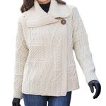 Carraig Donn Patchwork Merino Wool Wide Collar Irish Cardigan Cream Women's Size XL Photo 0