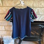 Van Heusen Blue and Multicolor Stripe Fitted Short Sleeve Blouse Medium Photo 3