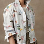 Banana Republic  Shirt Womens Sz L Long Sleeve Button Up Blue 100% Linen Animals Photo 0