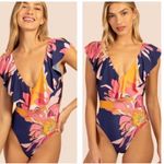Trina Turk Floral Ruffle One Piece Swimsuit Navy Wire Free Size 14 Resort Vacay Photo 1