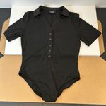 Cider  Solid Black Button-Up Collared Ribbed Bodysuit Large Photo 0