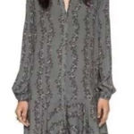 Free People  Dress S Small Gray Floral Long Sleeve Ruffle Hem‎ Boho Shirt Dress Photo 0