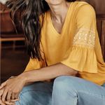 J.Jill Embroidered Sleeves Double V Tee In Yellow & White Size Large Photo 0