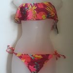 Hurley Hawaiian Floral Flounce Over Orange Flame Bandeau Bikini Top A7 Photo 0