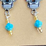 Sugar Skull Seafoam Green Mint Green & Yellow Colored Beaded Dangle Earrings Photo 2