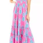 Crown & Ivy Women’s Dress M Pink Blue Pineapple Swiss Dot Smocked Maxi Beach Photo 0