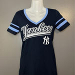 New York Yankees Shirt Womens XS Navy Blue MLB Baseball New Era V Neck Striped Photo 0