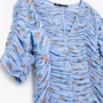 ZARA NWT Blue Tulle Print Floral Ruched Top Blouse Small Photo 2