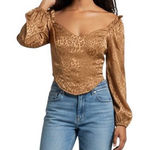 Milk & Honey Satin Corset Top Womens XL Long Sleeve Leopard Print Smocked Blouse Gold Photo 0