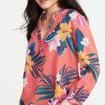 Old Navy Women Relaxed Tie-Cuff Linen-Blend Floral Tropical Top Blouse XL Coral Photo 0