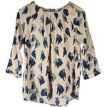 FRNCH Love Bird Pattern Tan & Blue 3/4 Sleeve Blouse S/M Photo 0