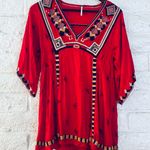 Free People Red V-Neck Shirt with Multi-Colored Geometric Embroidery, Size XS Photo 8