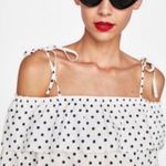 ZARA White & Black Polka Dotted Off The Shoulder Linen Blended Blouse Sz Sm NEW Photo 1