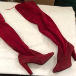 Burgundy red fabric suede over the knee thigh high 3.5” heeled boots with drawstring zipper closure Photo 0