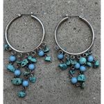 Vintage Silver Hoop Earrings w/Blue & Turquoise Ball Bead Chunks Dangles Blue Photo 2