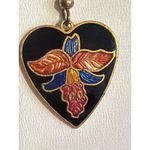 Vintage Cloisonne Dangle Earrings Gold Tone Heart Flowers Hooks 1.5" Estate Black Photo 1